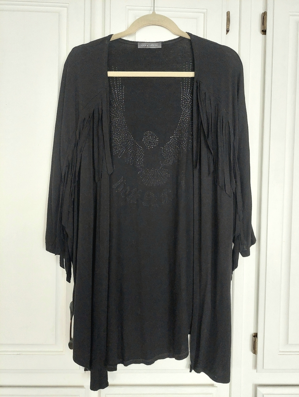 Vocal Apparel Fringe Crystal-Embellished Wrap Cardigan Size M - Picture 2 of 8
